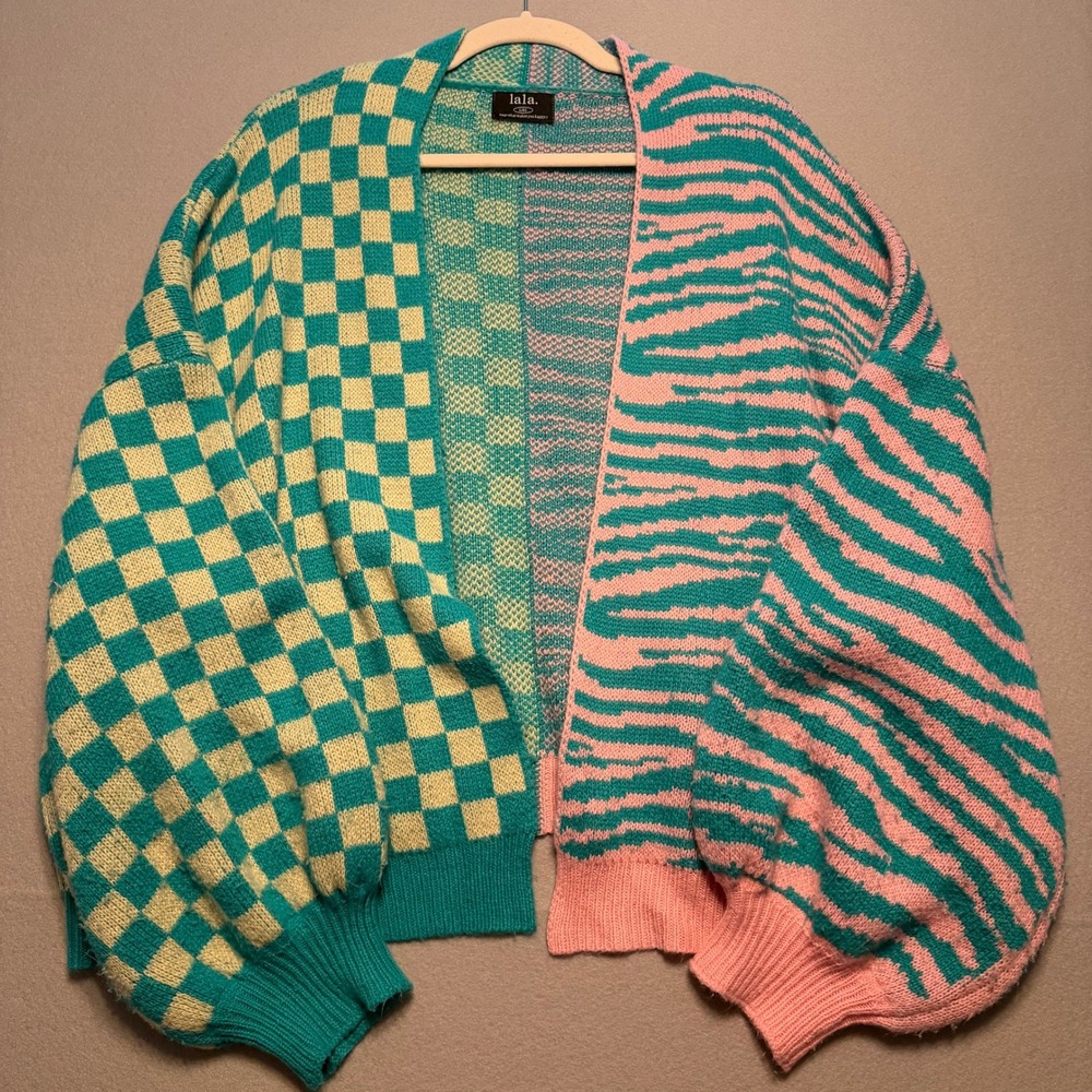 Dressed in Lala Retro Mixed Print Cardigan Sweater Checkerboard Zebra Women L/XL